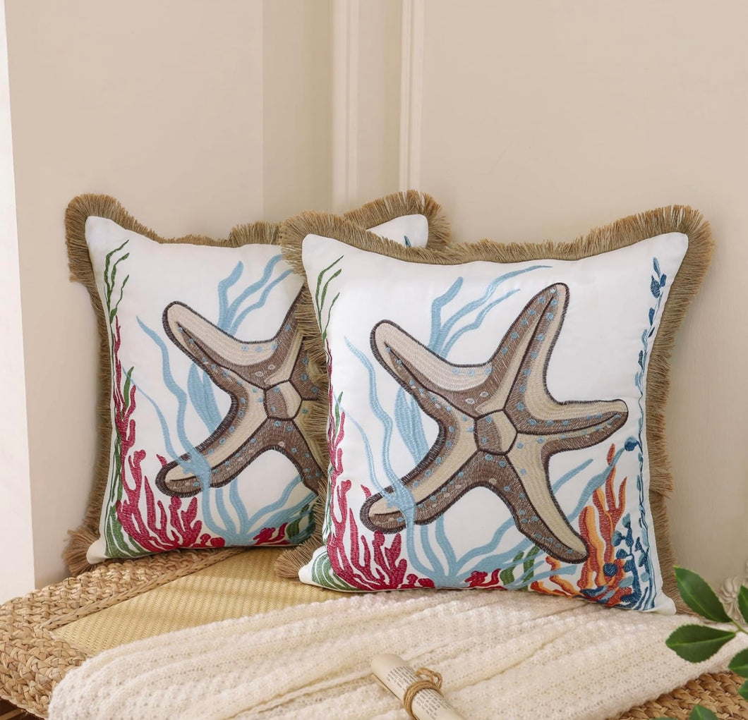 Starfish Embroidered Throw Pillow