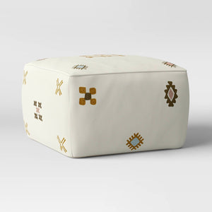 Tribal Embroidered Pouf Cream